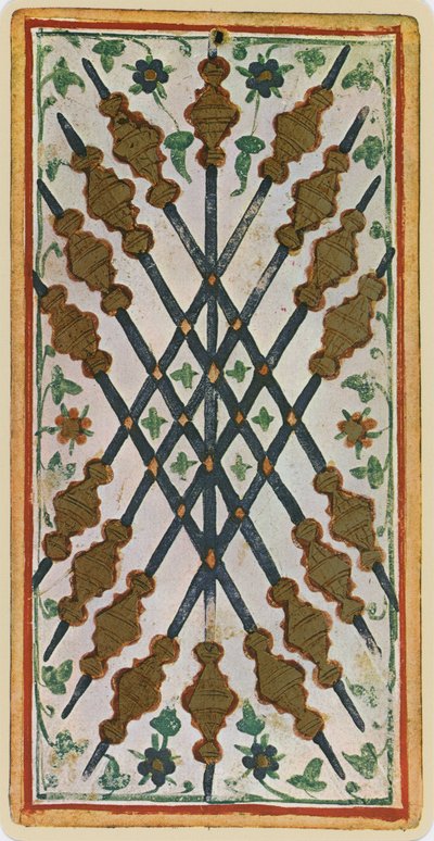 I Nove di Bastoni, facsimile di una carta dei tarocchi dal mazzo 